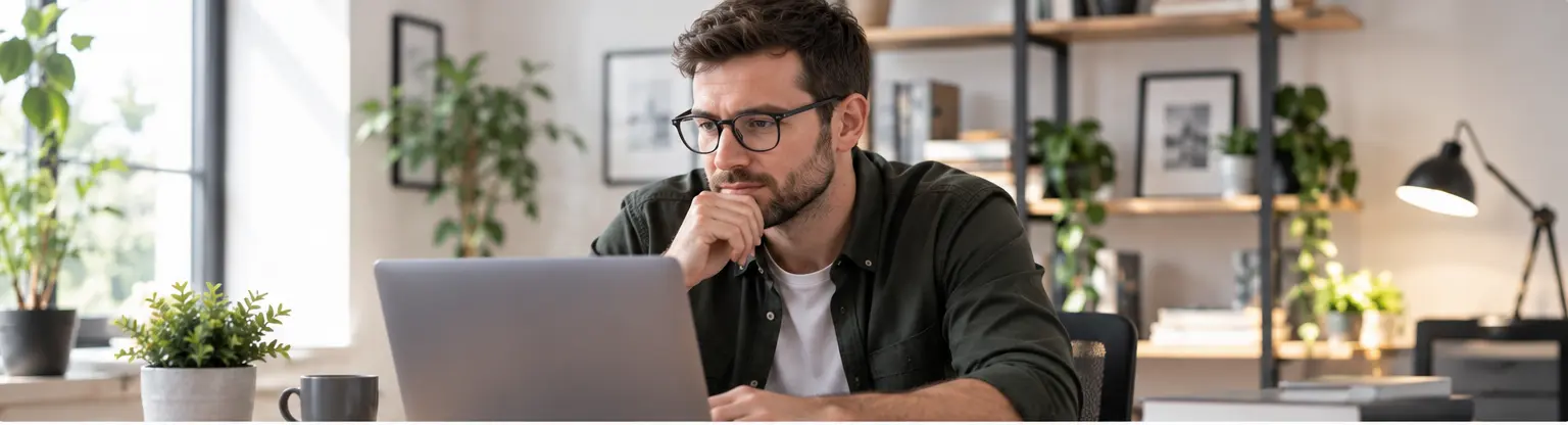 A focused business owner reviewing his laptop, representing the clarity and control a working lead process brings