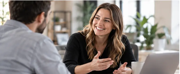 Two people in an engaged conversation across a desk, representing the human side of client relationships automation should support, not replace