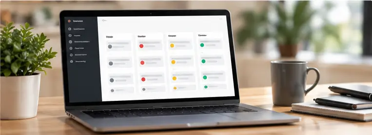 A laptop showing a CRM pipeline dashboard with lead stages and color-coded status