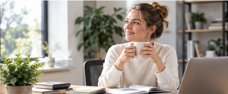 A business owner pauses with a coffee at her desk before reviewing her agency's lead process