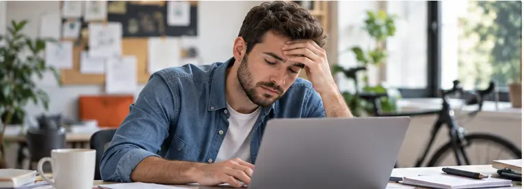 A frustrated business owner at his laptop, illustrating the everyday friction of inconsistent lead follow-up