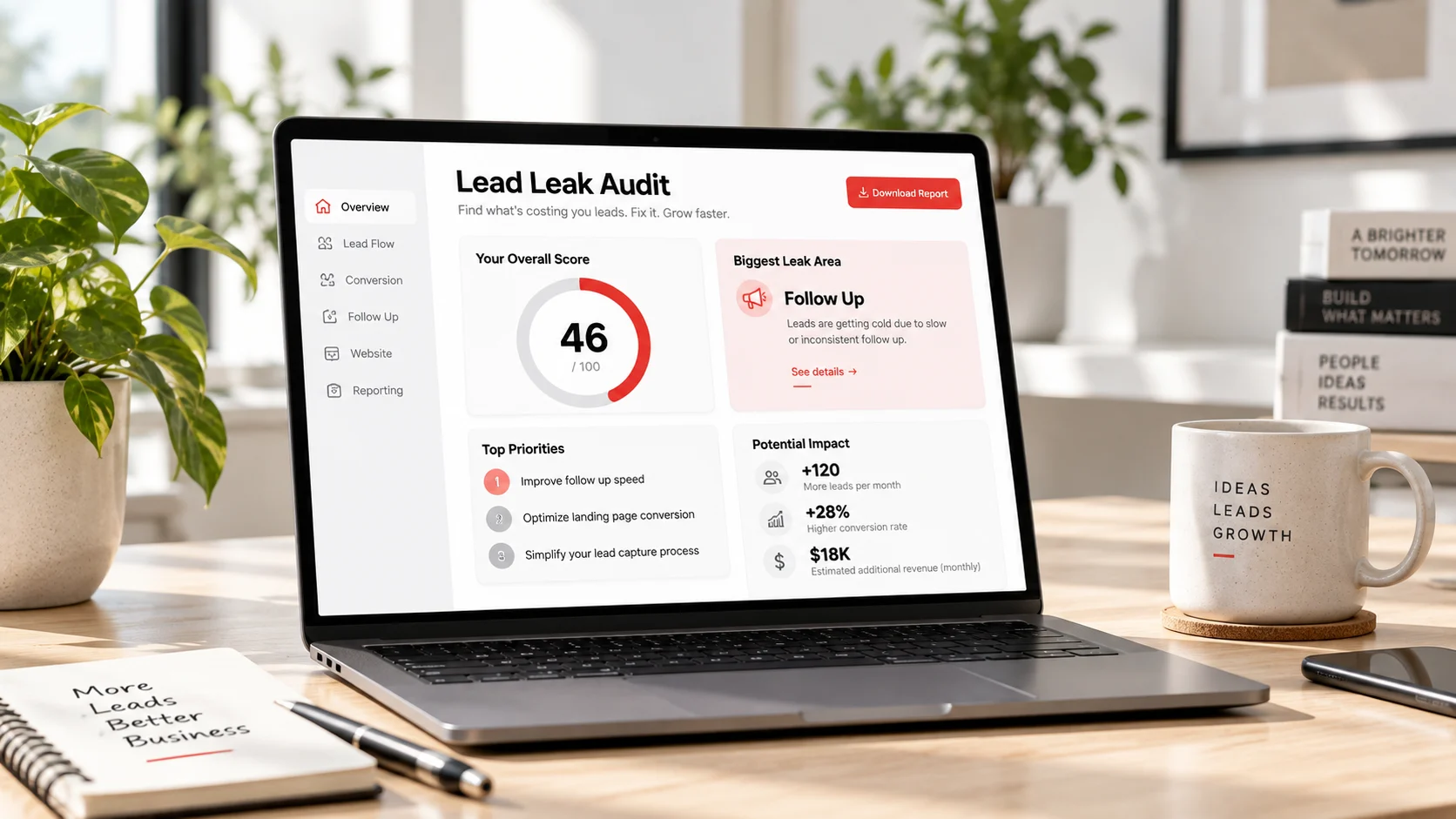 A laptop screen showing the Lead Leak Audit results dashboard, with a score of 46 out of 100, the biggest leak area and top priorities