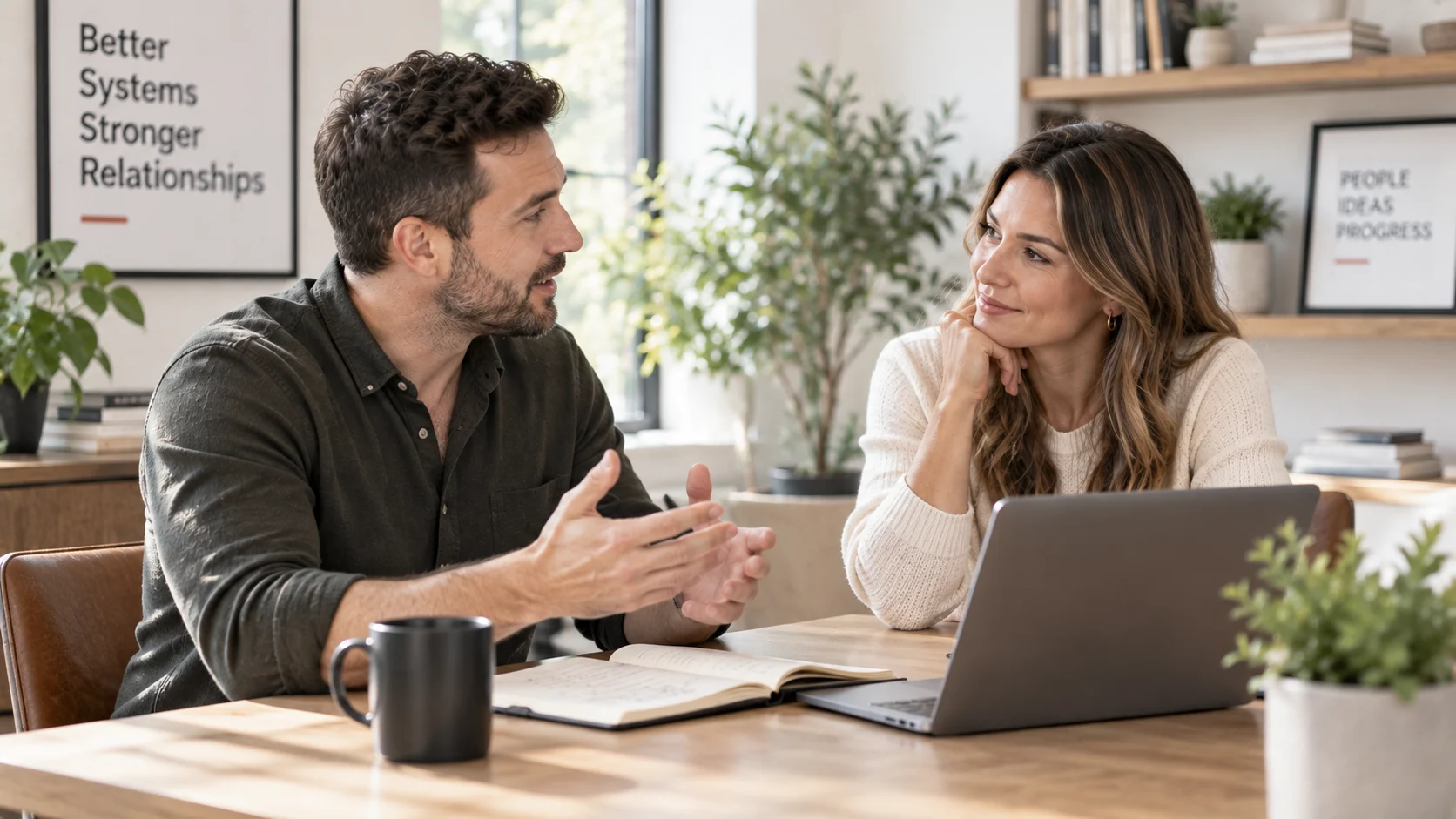 Two colleagues having a calm, focused conversation at a desk