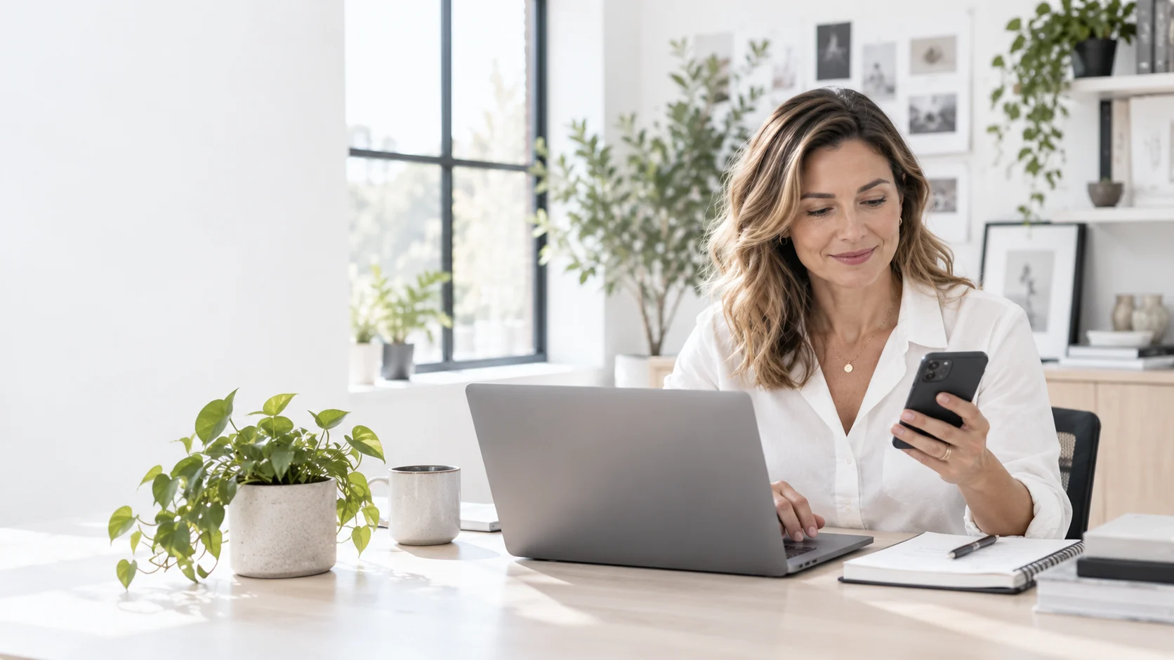 A small-business operator checking incoming leads on a laptop and phone in a bright, modern office