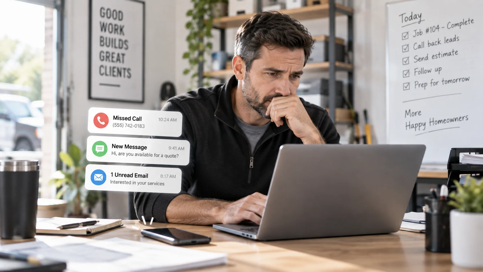 A business owner reviewing a missed call, an unread message and an unread email that came in while they were heads-down on other work