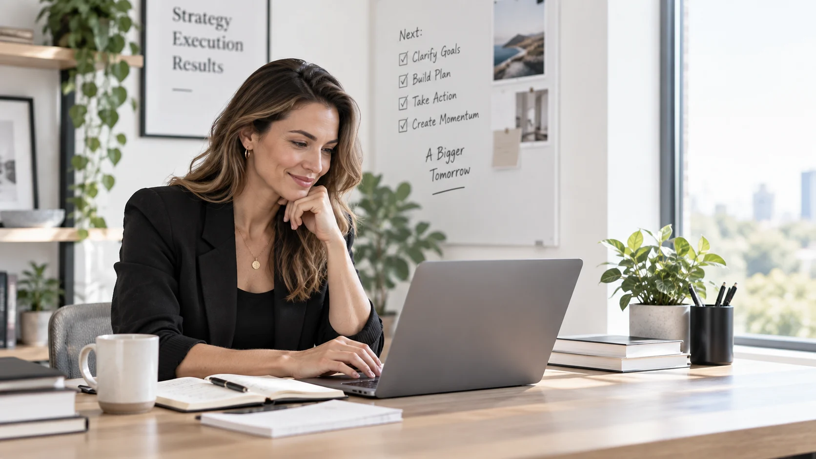 A business owner working calmly and confidently at her desk, organized and in control